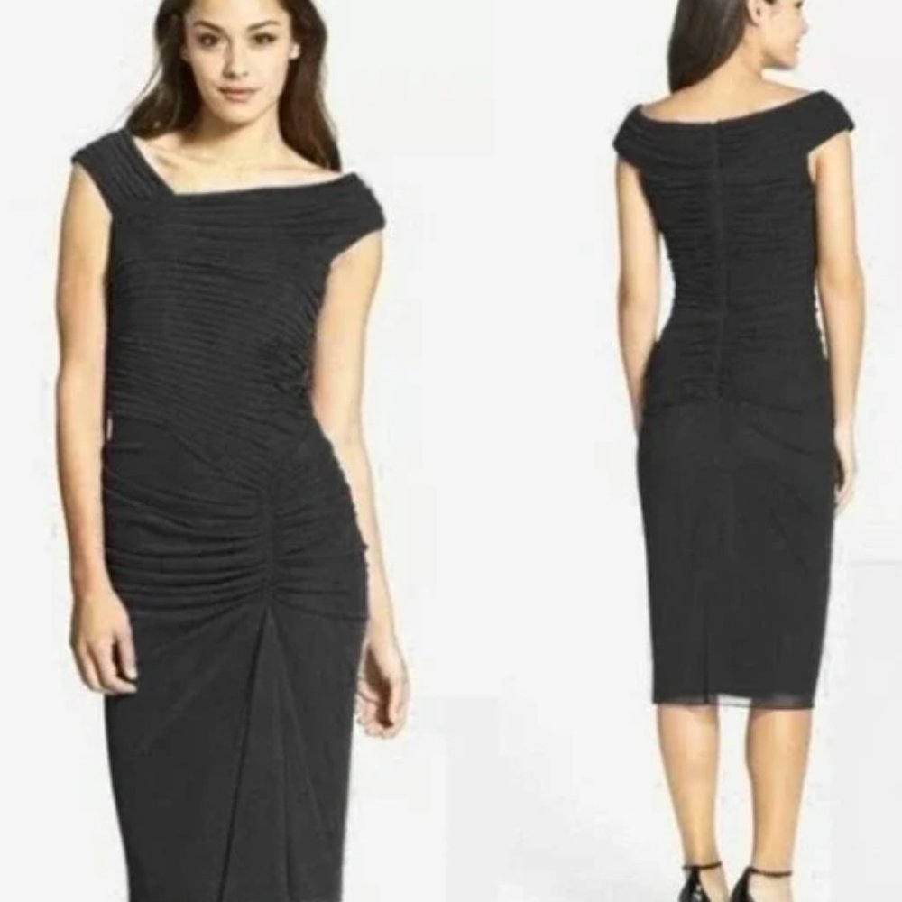 NWT Tadashi Shoji Black Asymmetrical Ruched Mesh Fully Underlined Dress. Size L.